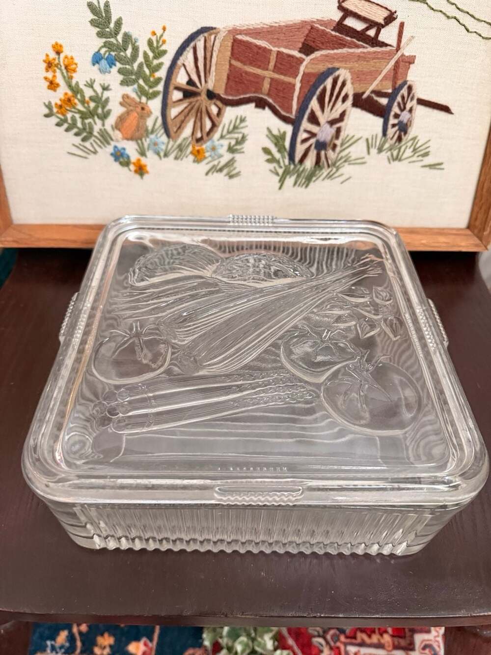 VTG Federal Glass Container Clear Embossed Vegetables Square Refrigerator Dish